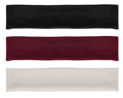Three fabric headbands in black, red, and white are stacked neatly on a black background.