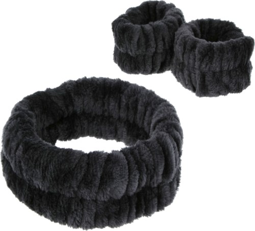 Three dark gray fluffy hairbands of different sizes are shown, made of soft, plush material.