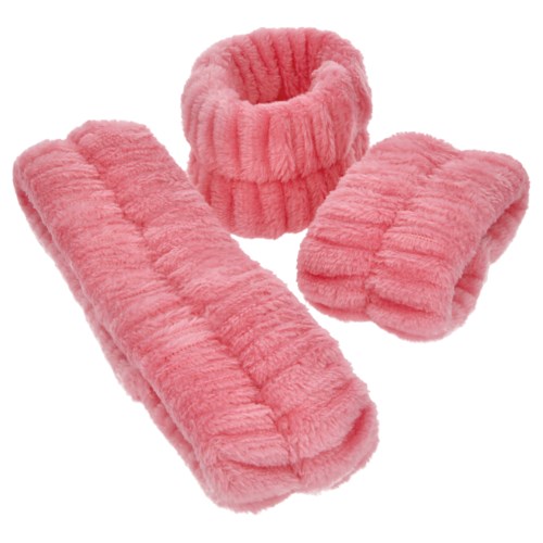 Three pink, fluffy headbands, one wide and two smaller. They are soft and cozy.
