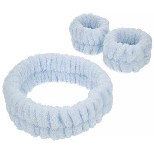 Light blue fluffy hair ties, two smaller ones and one larger, soft and elastic.