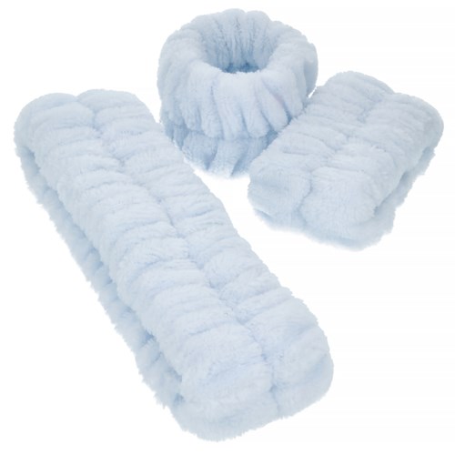 White fluffy headbands and wristbands made of soft, plush material. They are shaped for warmth and comfort.