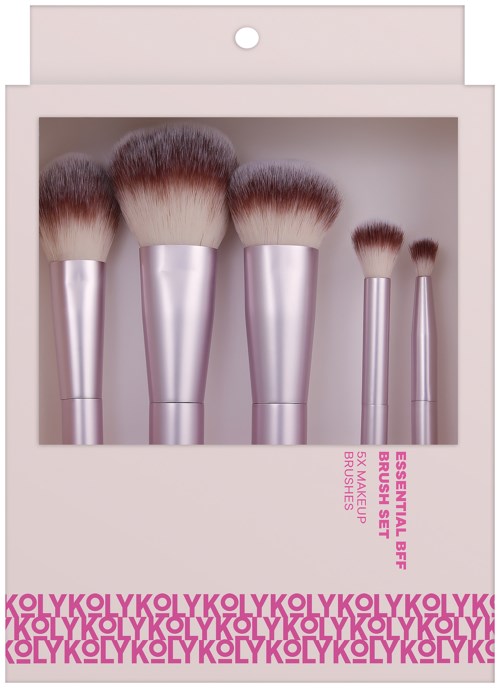 Set of five makeup brushes with silver handles in a box, varying in size and shape for applying different makeup.