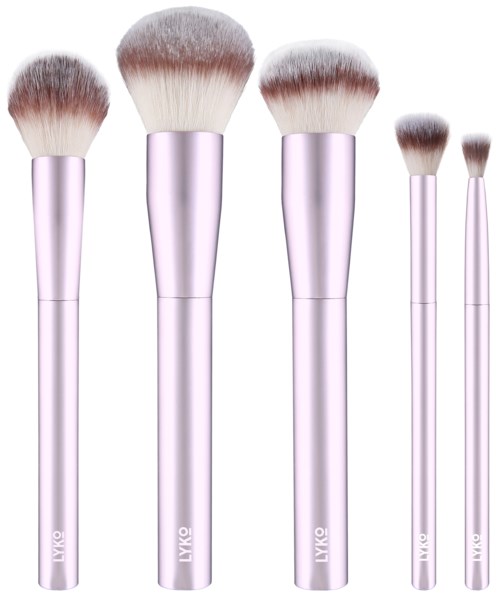 Set of five makeup brushes with light pink handles and fluffy white bristles. They vary in size.