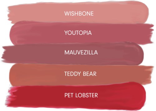Fem färgstavar med namn: Wishbone, Youtopia, Mauvezilla, Teddy Bear och Pet Lobster.
