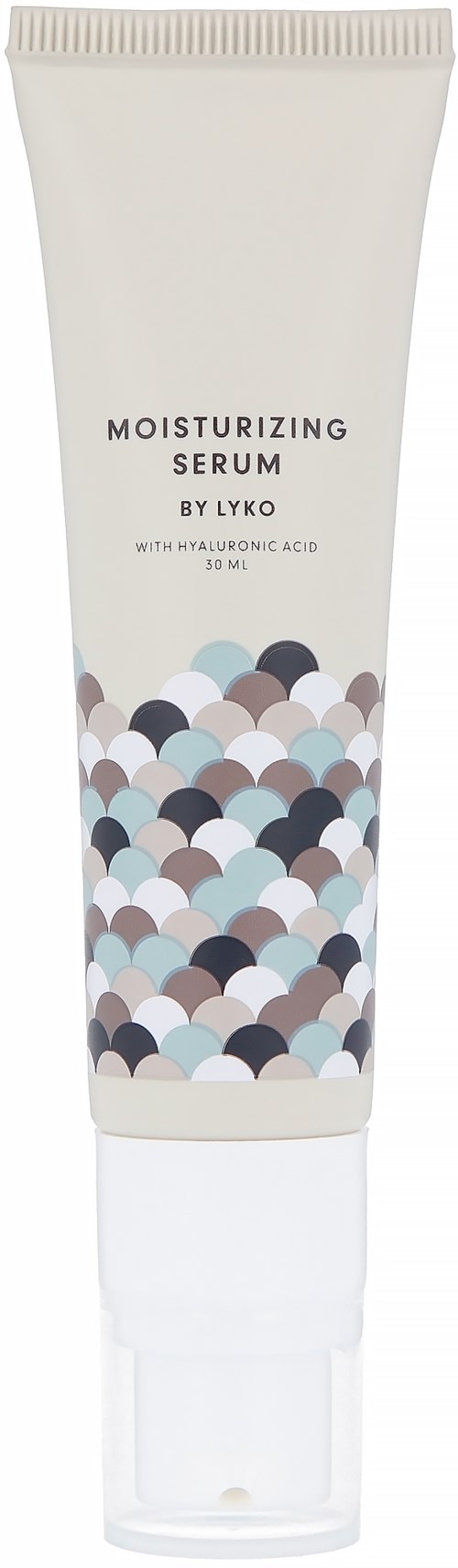 En vit tub märkt 'Moisturizing Serum by Lyko' med färgglada halvcirklar. Innehåller hyaluronsyra och niacinamid.