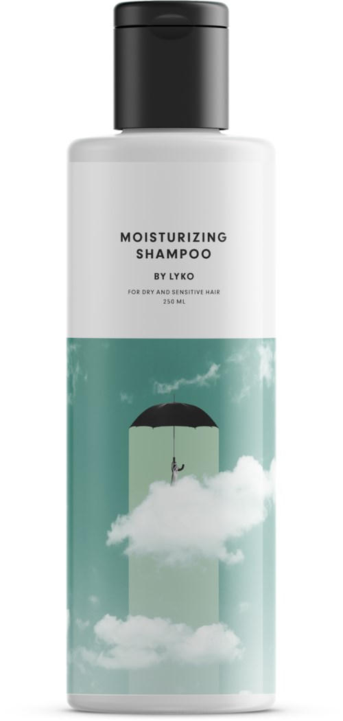 Valkoinen shampoopullo mustalla korkilla, kuvalla pilvestä ja sateenvarjosta etikettissä.