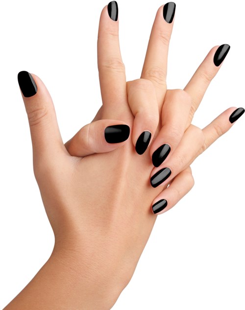 A hand with black painted nails making a gesture with three fingers raised.