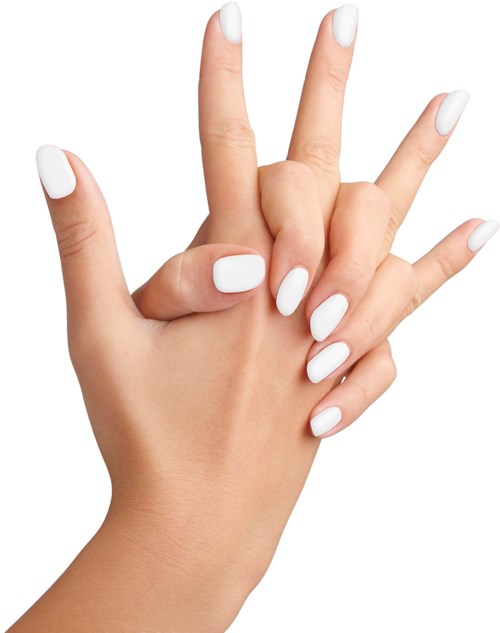 A hand with white painted nails showing a peace sign.