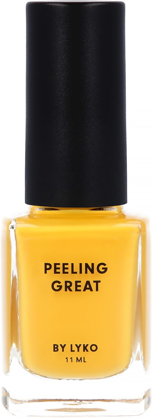 Gult nagellackflaska med svart lock, märkt "Peeling Great av Lyko," 11 ml.