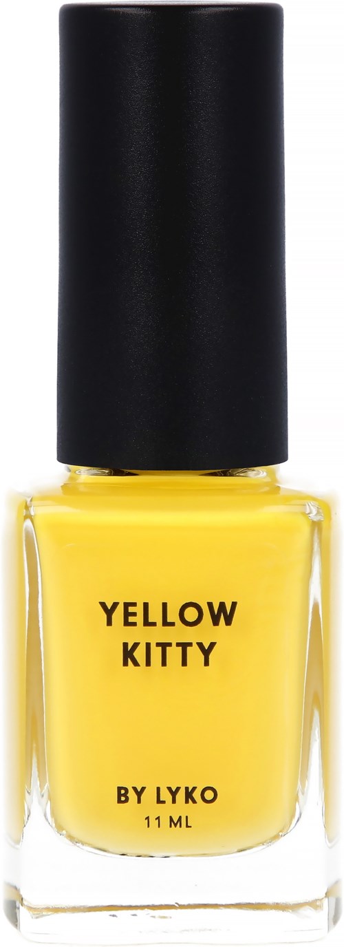 Nagellackflaska i gult med svart lock, märkt "Yellow Kitty by Lyko," 11 ml.