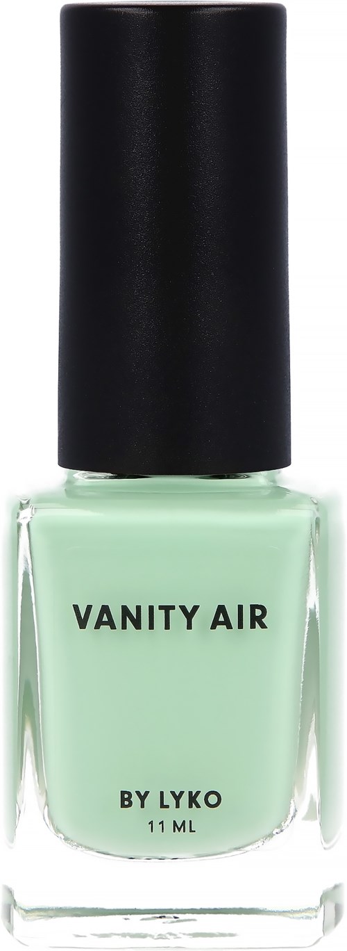 En ljusgrön nagellacksflaska med svart lock, märkt 'VANITY AIR BY LYKO' och storlek 11 mL.