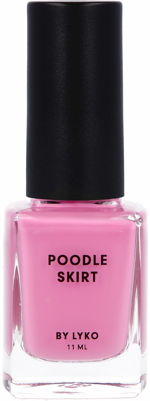 Pink nail polish bottle with black cap, labeled "Poodle Skirt by Lyko," 11 ml.