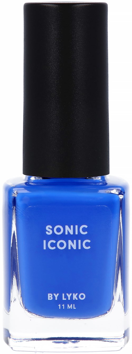 A blue nail polish bottle with a black cap, labeled 'Sonic Iconic by Lyko', 11 ml.
