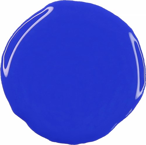 A blue ping pong ball with white streaks against a white background.