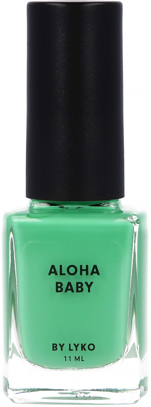 En liten flaska ljusgrön nagellack med svart lock, märkt "ALOHA BABY BY LYK".