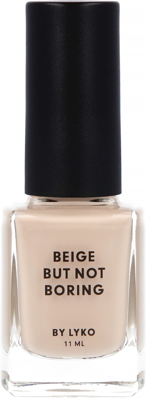 En flaska beige nagellack med svart lock, märkt "BEIGE BUT NOT BORING BY LYKO."