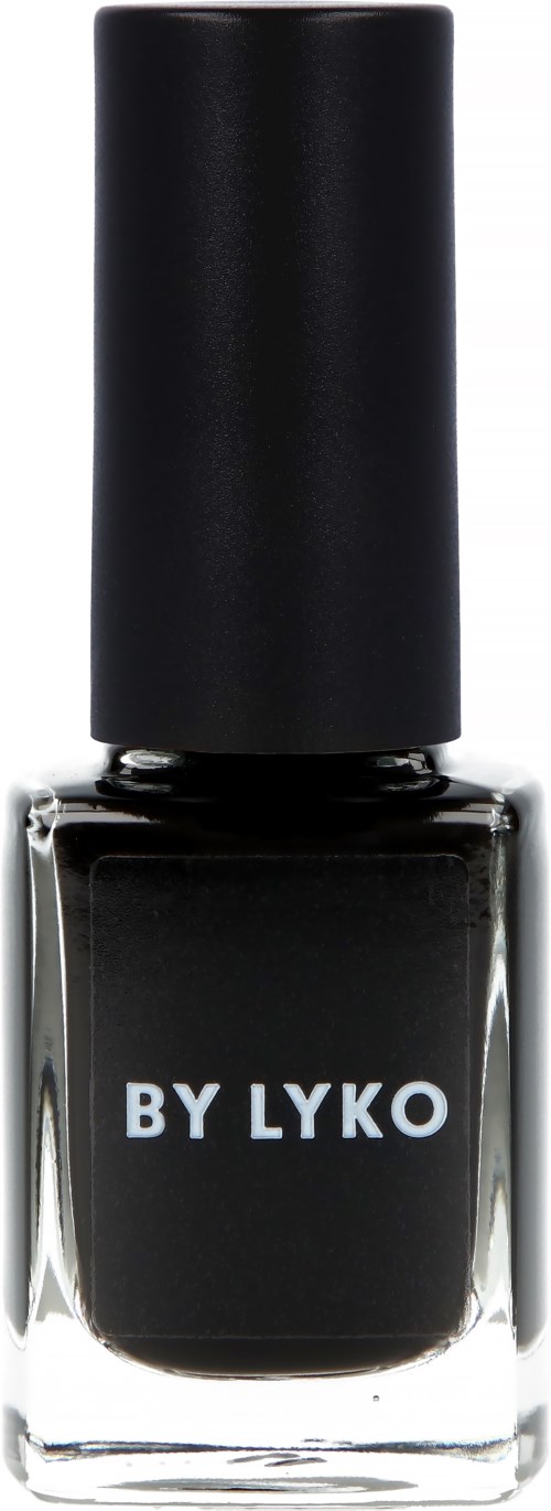 A black nail polish bottle with a black cap, labeled "BY LYKO".