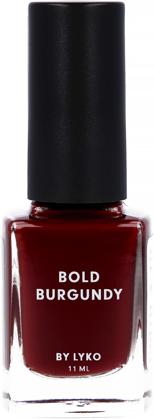A bottle of burgundy-colored nail polish with a black cap, labeled 'BOLD BURGUNDY BY LYKO' in white text.