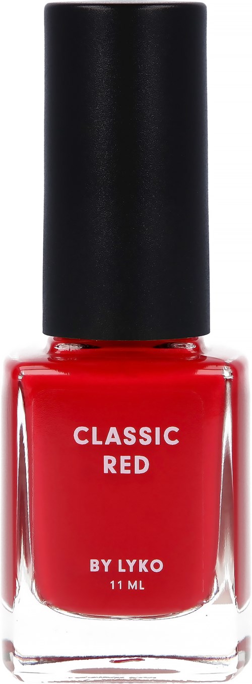 A red nail polish bottle with a black cap and white text, labeled 'Classic Red by Lyko' and 11ml.