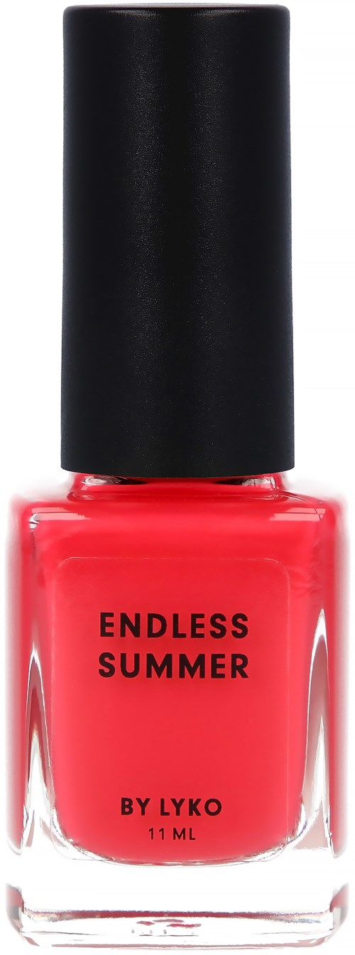 A bottle of bright coral nail polish labeled 'Endless Summer' by Lyko, with a black cap.