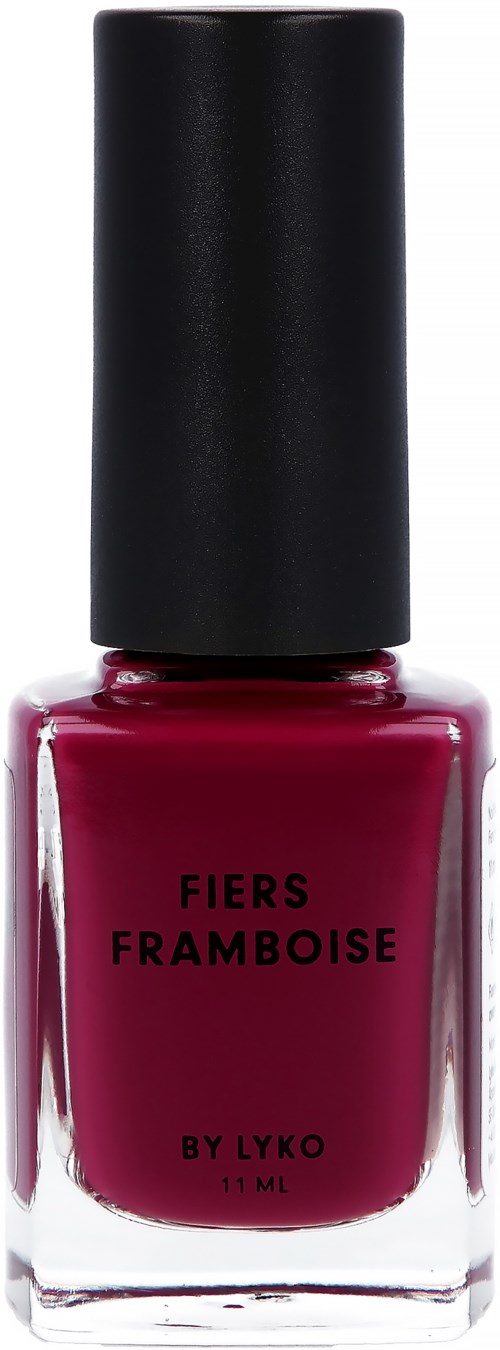A bottle of raspberry-colored nail polish with a black cap, labeled 'FIERS FRAMBOISE BY LYKO, 11 ML'.