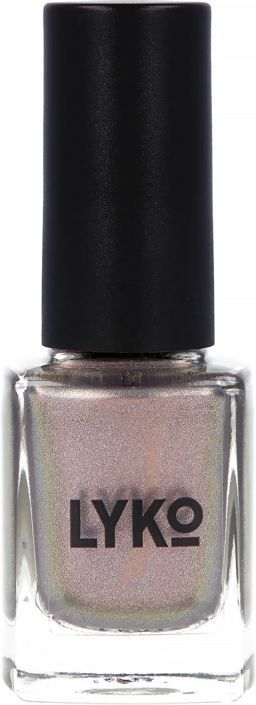 En liten klar flaska med glänsande rosa nagellack inuti och svart lock med 'LYKO' märkt.