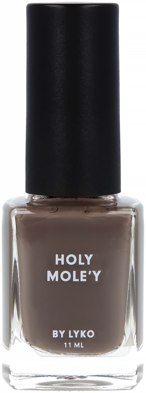 En flaska nagellack i gråbrun färg med svart lock, märkt "Holy Mole'y by Lyko," 11 ml.