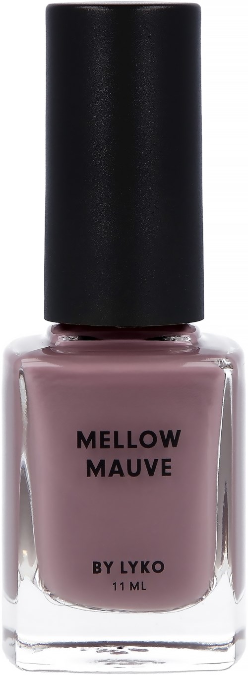 A bottle of nail polish labeled 'MELLOW MAUVE' with a black cap, pinkish color, against a black background.
