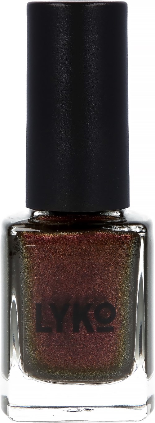 En flaska mörkrödbrun nagellack med svart lock och märket LYKO.