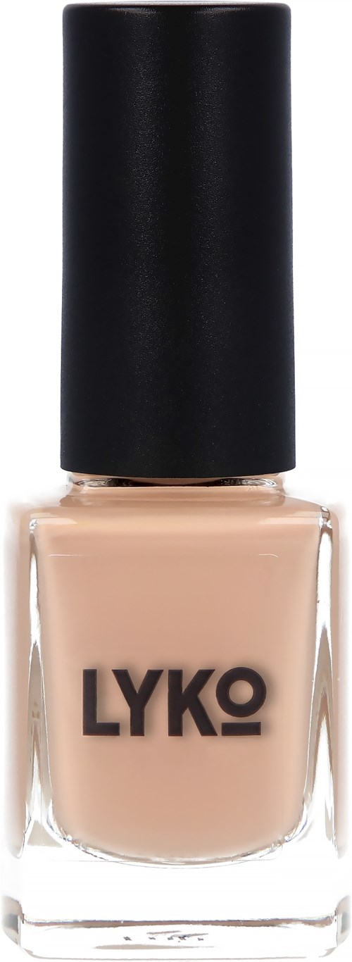 En beige nagellackflaska med svart kork och varumärket 'LYKO' på den.