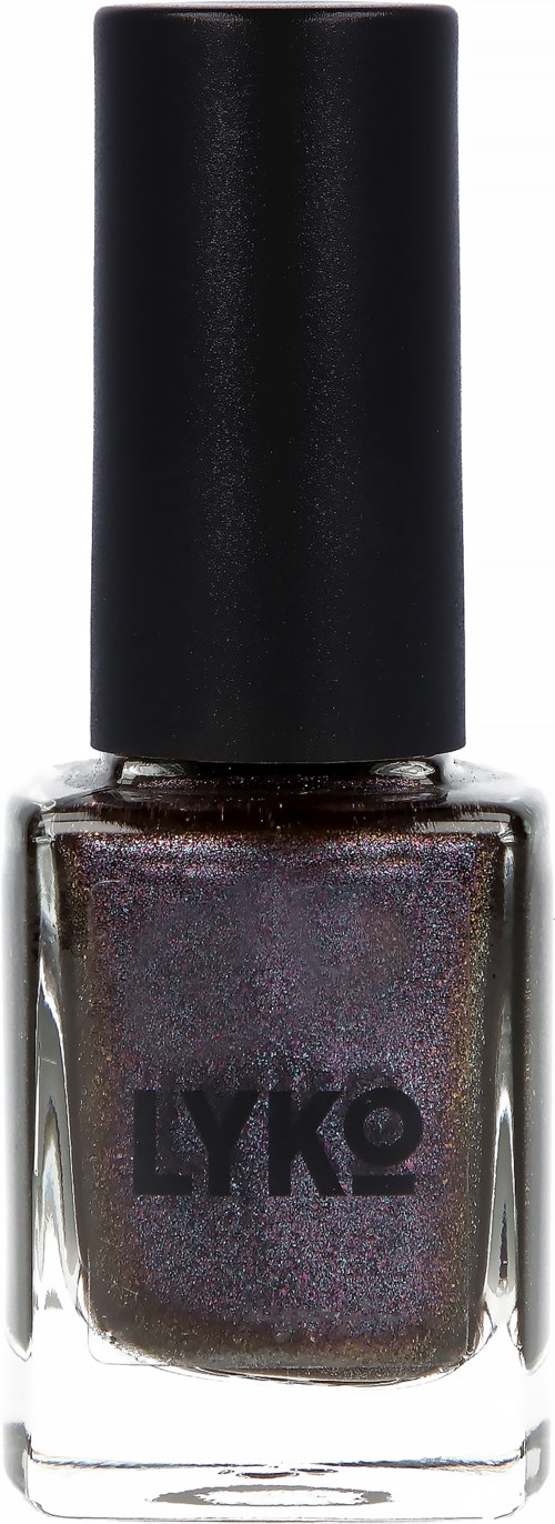 En nagellackflaska med mörk, skimrande lack och svart lock.