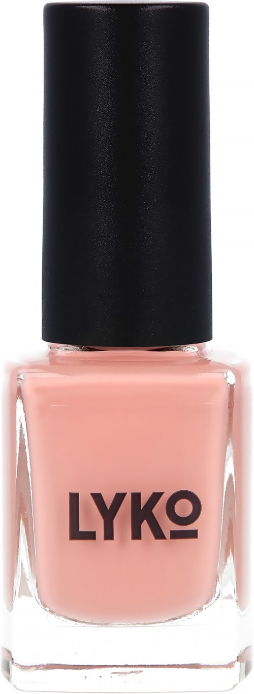 En rosa nagellackflaska med svart lock, märkt 'LYKO'.