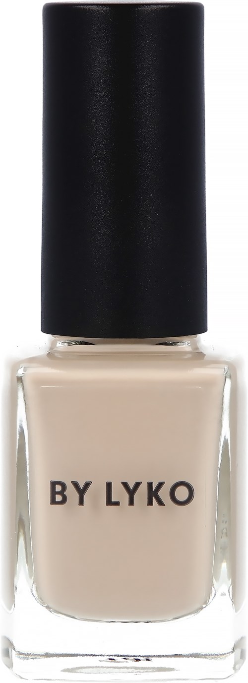 A beige nail polish bottle with a black cap and the label "BY LYK" on the front.