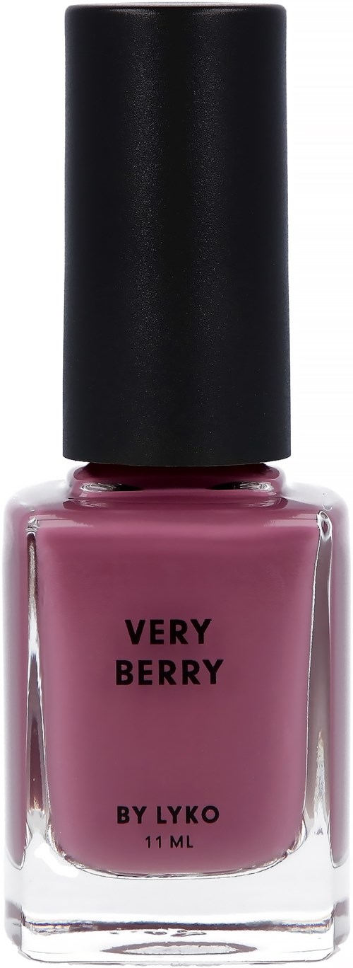 Pink nail polish in a clear bottle with black cap, labeled "Very Berry by Lyko."
