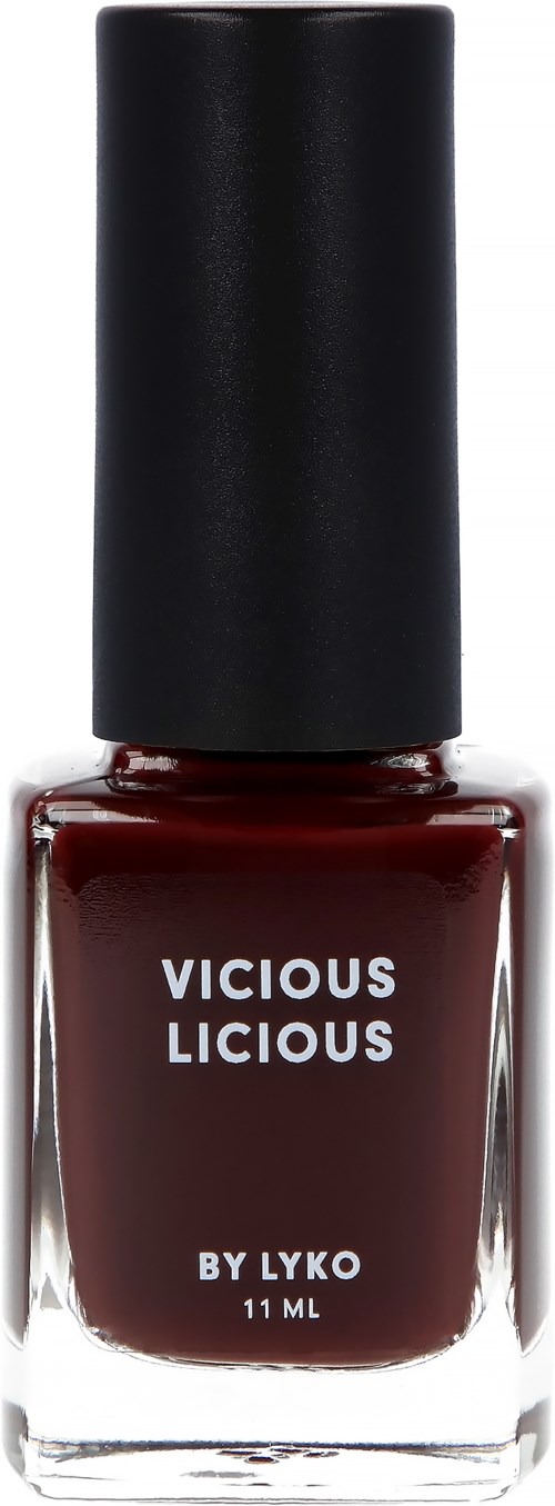 A nail polish bottle labeled "VICIOUS LICIOUS BY LYKO." It is dark red with a black cap.