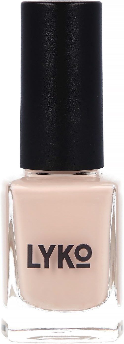 En flaska nagellack i beige färg med svart lock, märkt LYKO.