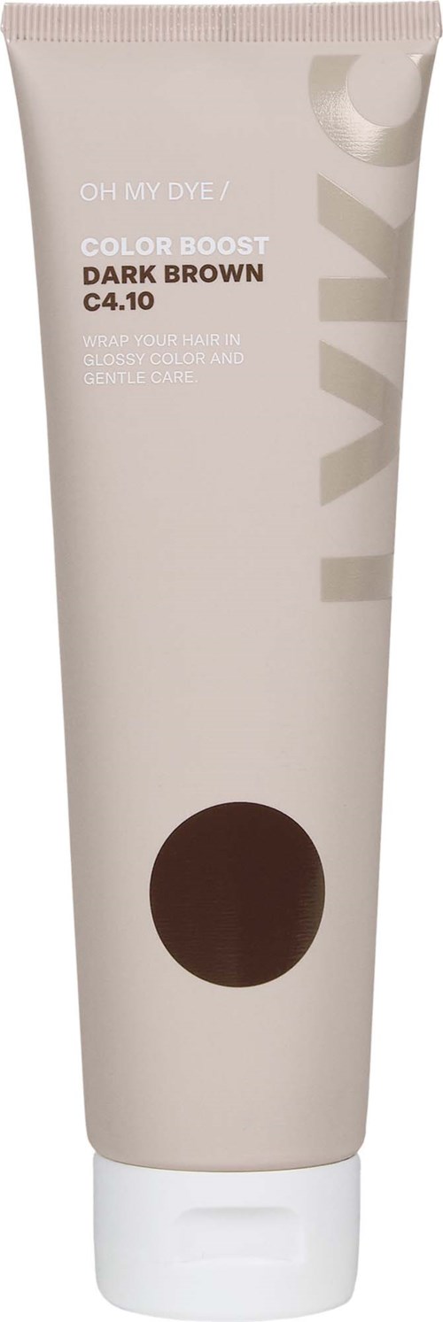 Dark brown hair dye tube with beige and brown text, branded L'Oréal. Small dark brown circle at the bottom.
