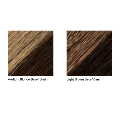 Two hair color swatches show medium blonde and light brown shades, each with a 10-minute color treatment.