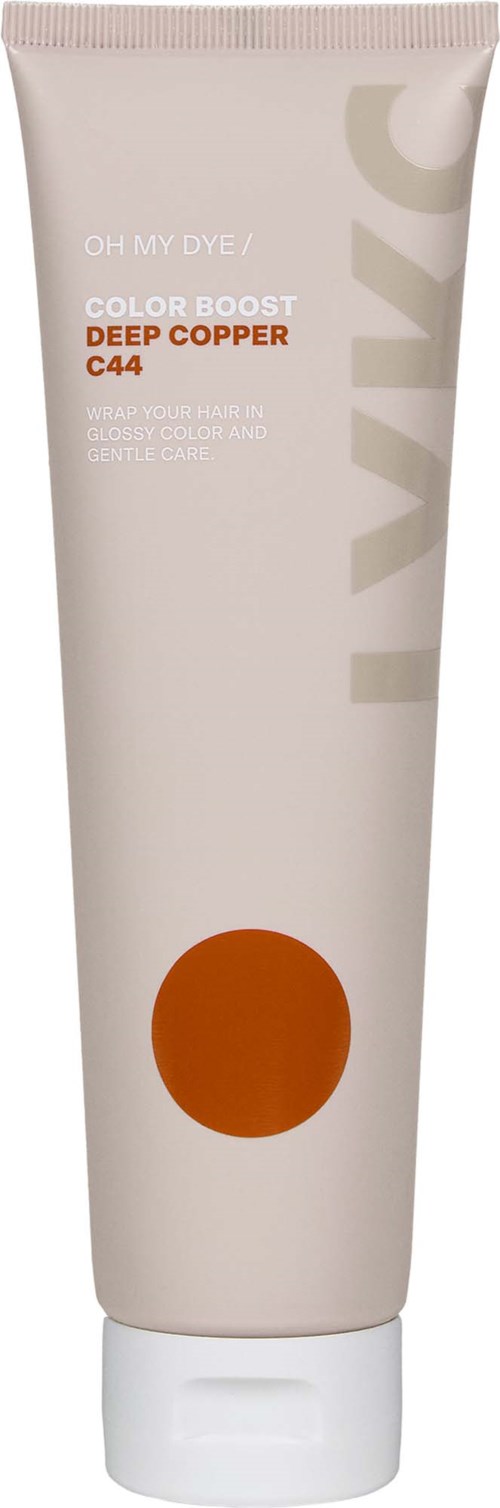 Een witte tube met een bruine cirkel en oranje tekst, gelabeld als haarverf voor diepe koperkleuren.