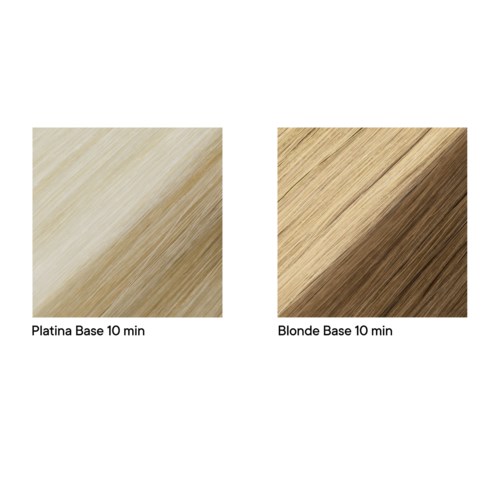 Twee houtkleurdelen, een met "Platina Base 10 min" en de andere met "Blonde Base 10 min."