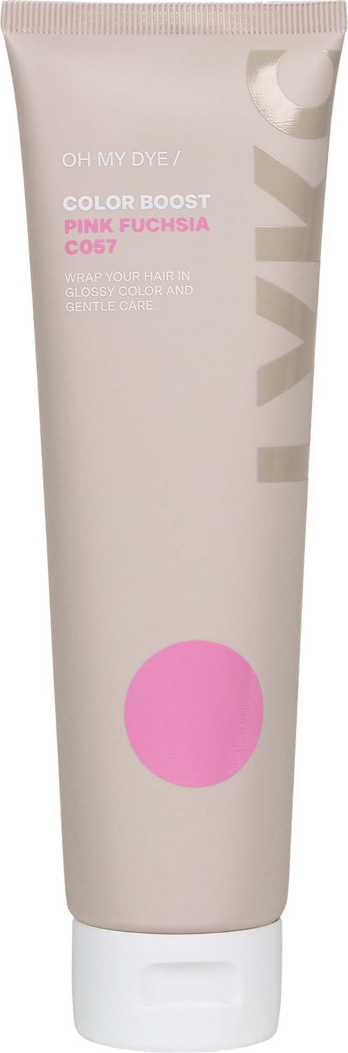 Een beige tube met roze en witte tekst voor haarkleur, met een roze cirkel en een witte dop.