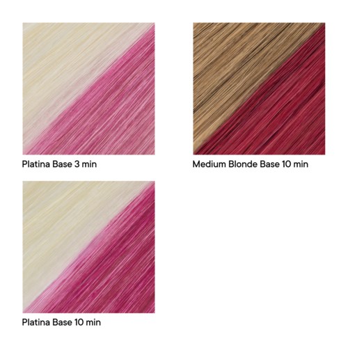 Drie haarkleuropslagen tonen verschillende blonde tinten: platinum, medium blond en een langere platinumbasis.