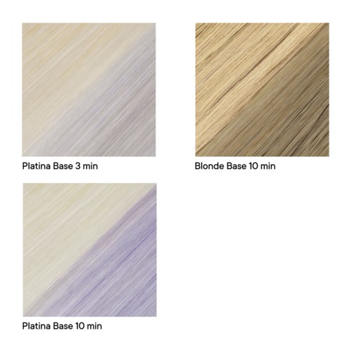 Drie houtmonsters tonen verschillende tinten en texturen, gemarkeerd met tijdsduur: platinum en blonde basen.