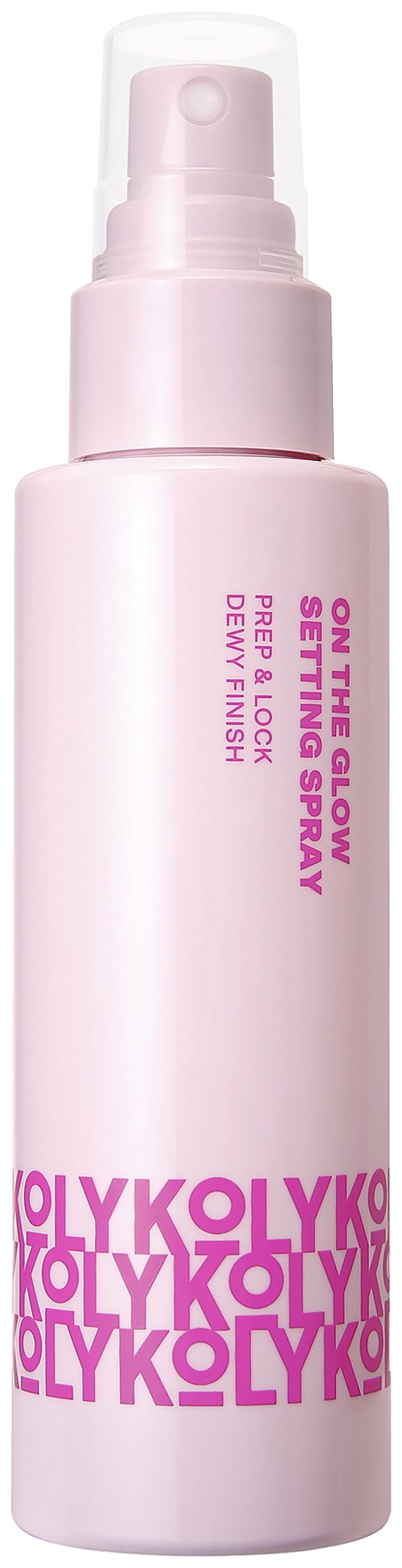 Eine pinke Sprühflasche mit 'OllyKOLY'-Aufschrift, Pumpkopf und Text zu Glow Red und Finish.