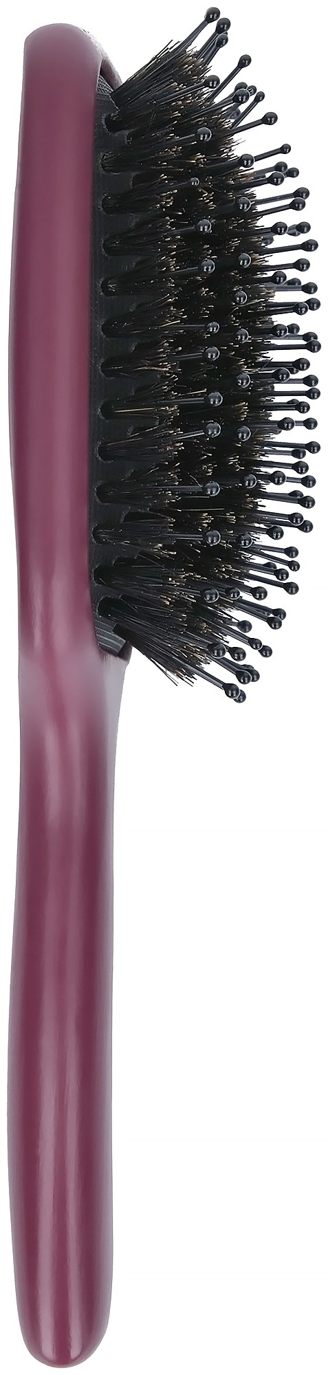 Een haarborstel met een paarse handgreep en zwarte borstelharen. Hij staat rechtop en is voor het ontwarren van haar.