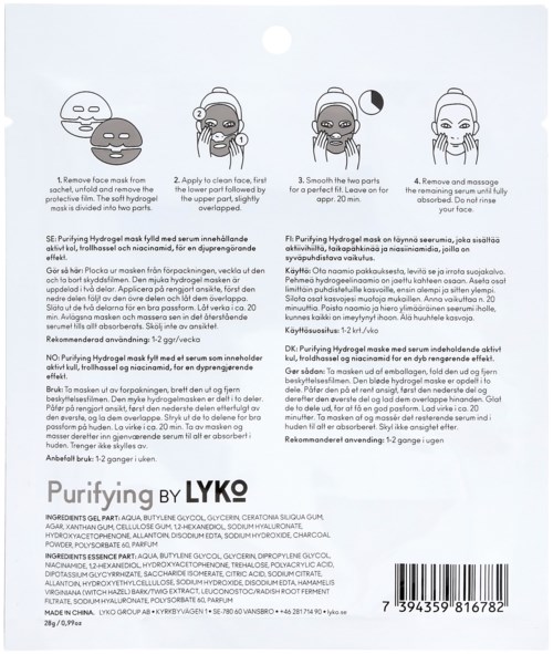 Denna bild visar instruktioner på flera språk för en hudvårdsprodukt som heter Purifying by LYKO, inklusive användningssteg och ingredienser.