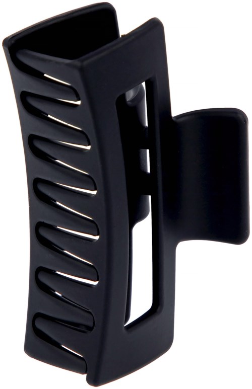 A black plastic hair clip with a spring mechanism and a toothed grip. It is open and ready to hold hair.