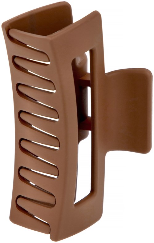 A brown plastic clip with slits and a hooked end, used to hold items securely.