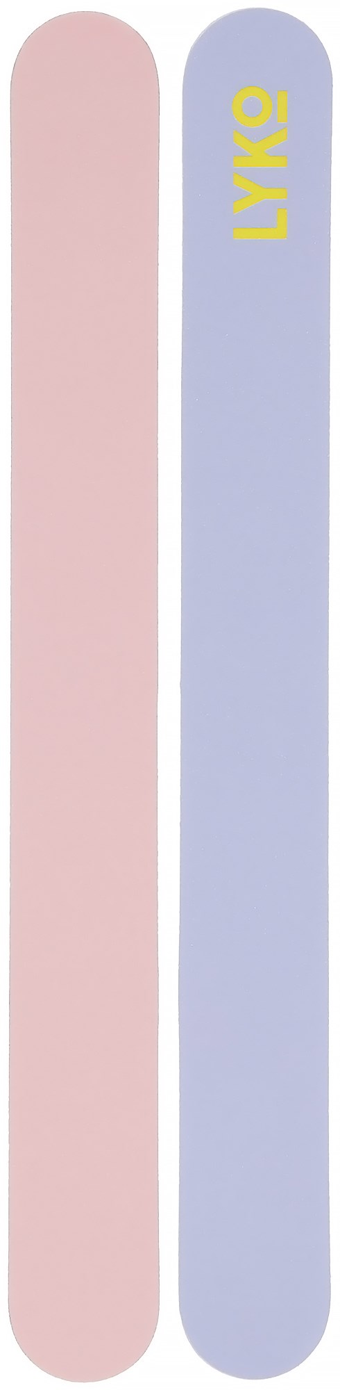 Twee verticale staven, roze en paars, met gele tekst op de paarse stang. De tekst zegt 'LYKO'.