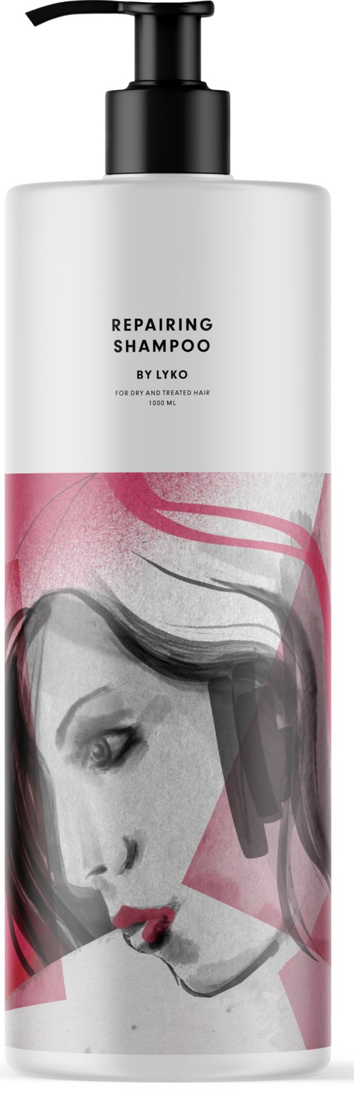 En vit schampoflaska med svart pump och teckning av ett kvinnohuvud med rosa och svart hår.